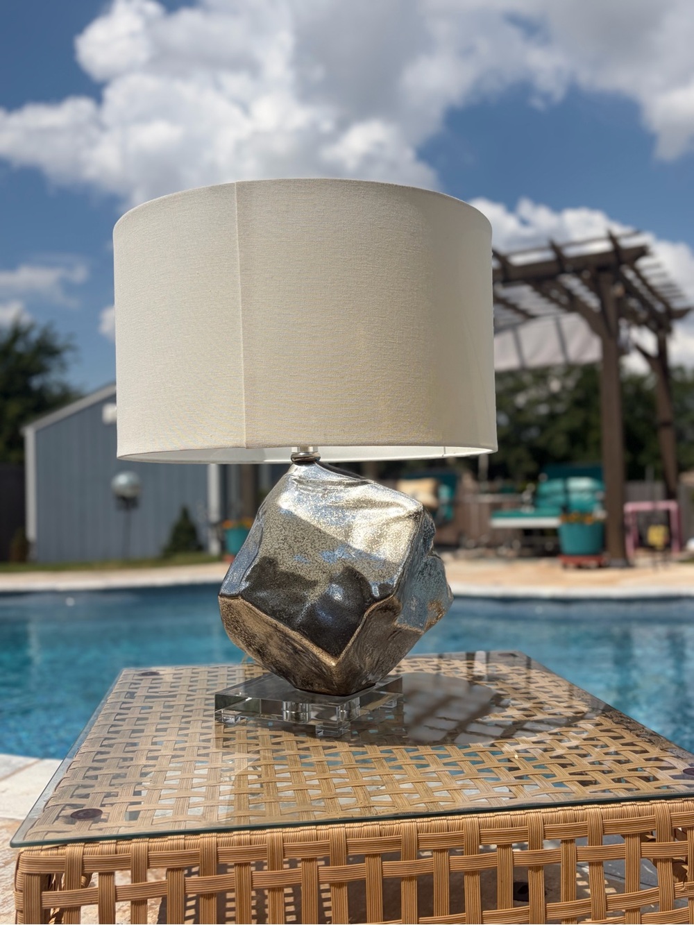 Uttermost Metallic Hammered Cube Lamp with Cream Shade